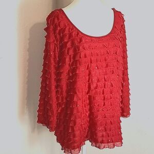 Elementz Red Ruffled Blouse with Sparkling Sequins, Size 2X